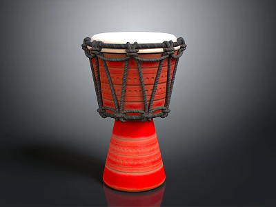 Red Djembe Drum With Black Ropes White Drumhead And Conical Striped Base Musical Instrument 3d model