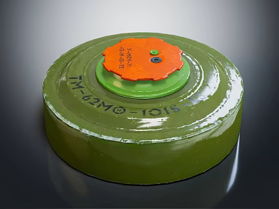 Green Circular Military Weapon Device With Orange Top And Identification Markings 3d model