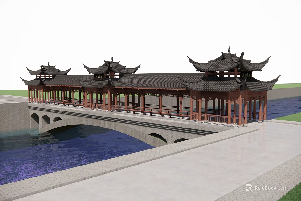 Ancient Chinese Architecture Bridge with Multiple Pavilions Traditional Roof and Wooden Structure Over Water 3d model 