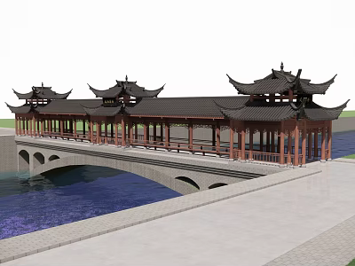 Ancient Chinese Architecture Bridge with Multiple Pavilions Traditional Roof and Wooden Structure Over Water 3d model