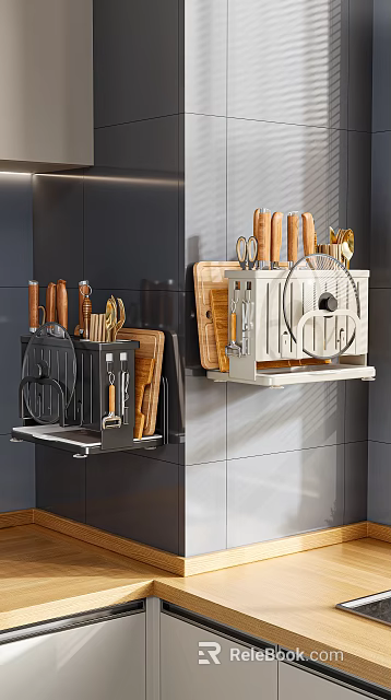 Kitchen Utensils Wall Mounted Storage Rack with Knives Cutting Boards Scissors and Spatulas 3d model 