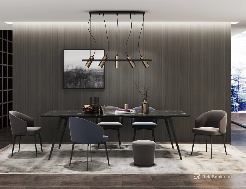 Modern Dining Table Set With Chairs Pendant Lights And Wall Art 3d model