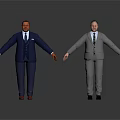 Two Men in Dark Blue and Gray Suits with Arms Outstretched Against White Background