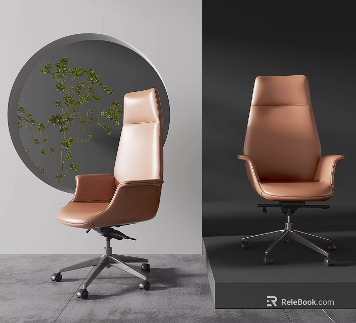 Modern Tan Leather Office Chair with High Back Armrests and Swivel Wheels 3d model 
