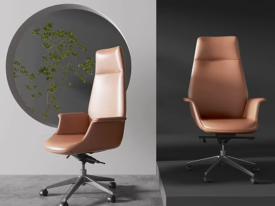 Modern Tan Leather Office Chair with High Back Armrests and Swivel Wheels 3d model