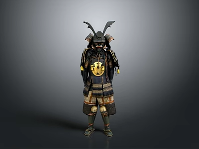 A Man In Traditional Samurai Armor With Bat Like Horns And Golden Emblem 3d model