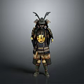 A Man In Traditional Samurai Armor With Bat Like Horns And Golden Emblem