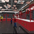 Traditional Chinese Restaurant Interior With Red Counters And Hanging Lantern Decorations