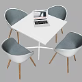 Dining Table Set Featuring White Square Table Light Blue Backrest Chairs Wooden Legs And Laptop