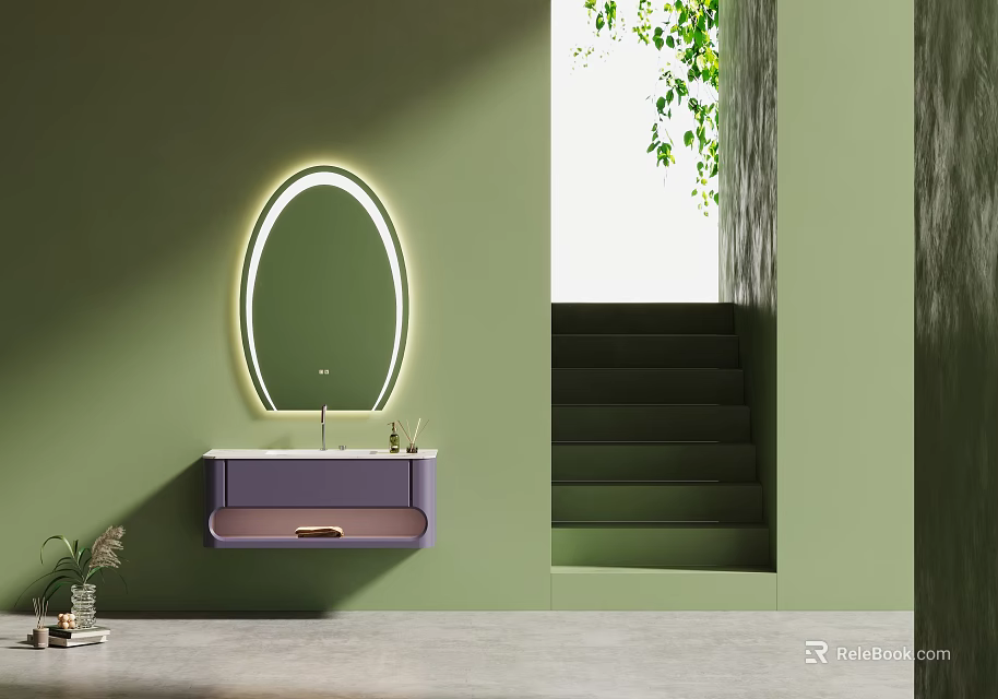 Modern Bathroom Cabinet With Illuminated Mirror And Stylish Sink On Green Wall 3d model 