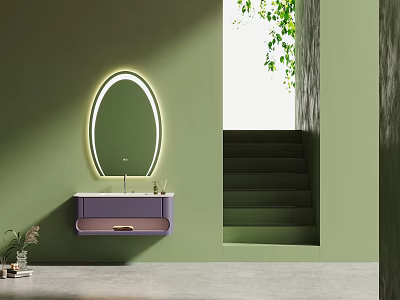 Modern Bathroom Cabinet With Illuminated Mirror And Stylish Sink On Green Wall 3d model