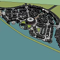 Waterfront Commercial Street With Central Circular Structure And Surrounding Buildings Layout