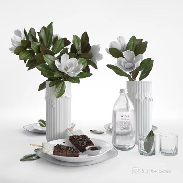 White Vases With White Flowers And Green Leaves Desserts Water Bottle And Glasses 3d model 