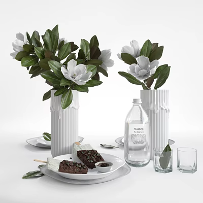 White Vases With White Flowers And Green Leaves Desserts Water Bottle And Glasses 3d model