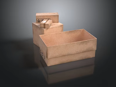 Stacked Cardboard Boxes In Different Sizes With Labels On Dark Background 3d model