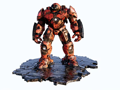 Detailed Red Battle Mech Game Movie Character Standing On Shattered Battlefield 3d model