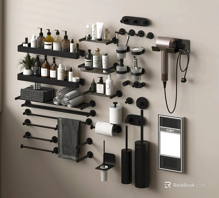 Bathroom Accessories Organized on Wall with Toiletries Towels Hair Dryer Holder and Mirror 3d model 
