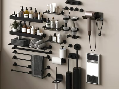 Bathroom Accessories Organized on Wall with Toiletries Towels Hair Dryer Holder and Mirror 3d model