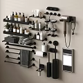 Bathroom Accessories Organized on Wall with Toiletries Towels Hair Dryer Holder and Mirror