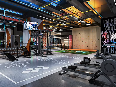 Modern Fitness Gym With Climbing Wall Basketball Court And Workout Equipment 3d model