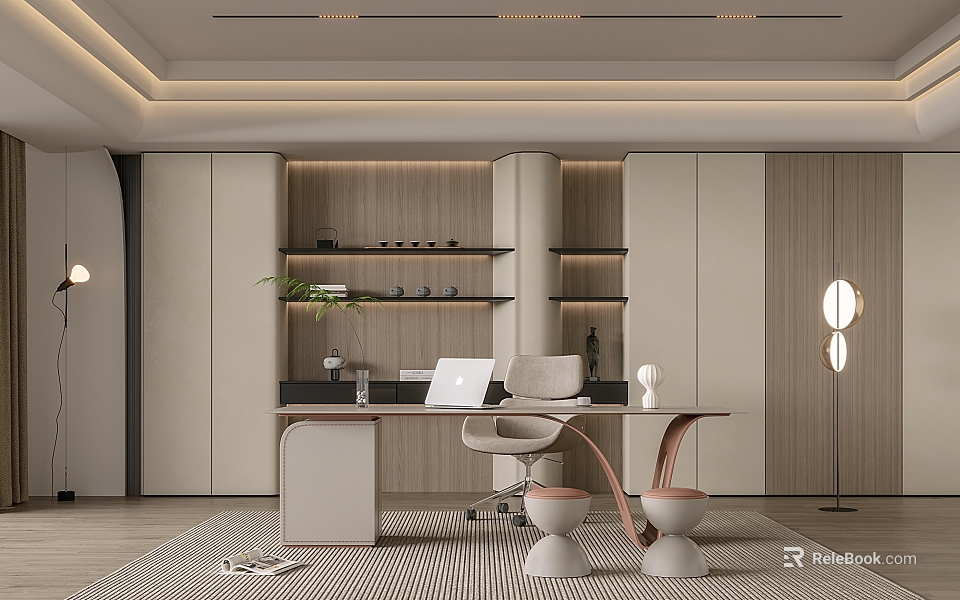 Modern Study Room Interior With Desk Chair Cabinets And Floor Lamp 3d model 