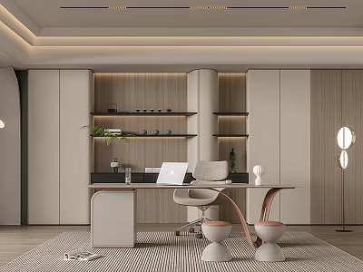 Modern Study Room Interior With Desk Chair Cabinets And Floor Lamp 3d model