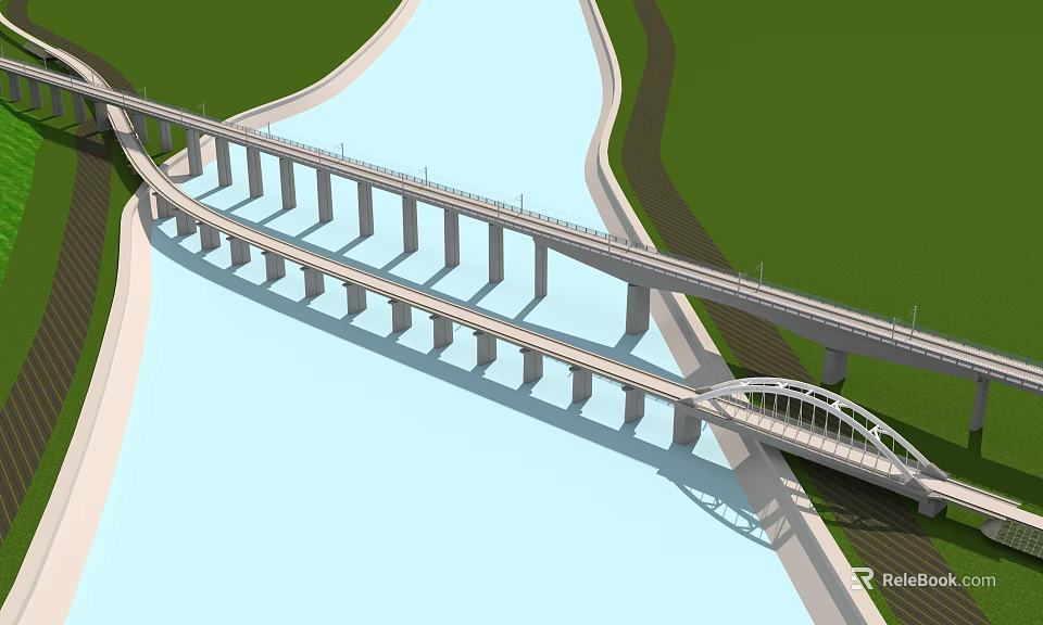 Two Bridges Over River Featuring Multiple Piers Arched Design Green Banks And Road Connections 3d model 