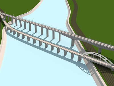 Two Bridges Over River Featuring Multiple Piers Arched Design Green Banks And Road Connections 3d model