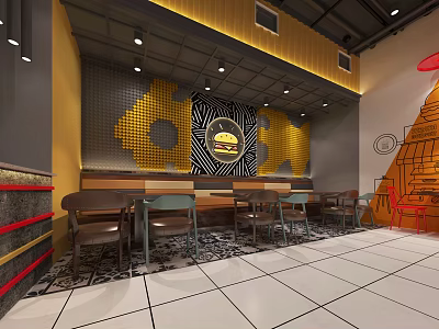 Modern Restaurant Interior With Yellow Geometric Wall Burger Graphic White Tile Floor Tables And Chairs 3d model