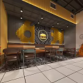 Modern Restaurant Interior With Yellow Geometric Wall Burger Graphic White Tile Floor Tables And Chairs