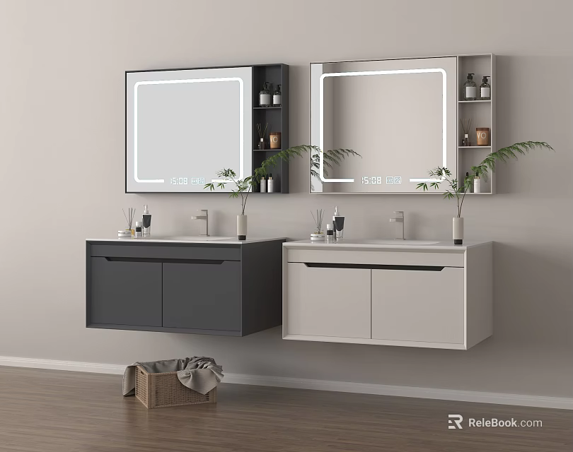 Modern Bathroom Vanity Set With Double Vanities LED Mirrors And Potted Plants 3d model