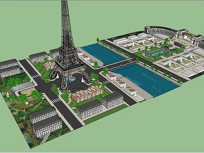Detailed Architectural Model of Paris Cityscape Featuring Eiffel Tower and River 3d model