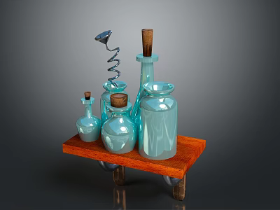 Light Blue Glass Bottles Of Various Sizes On Wooden Tray With Corkscrew 3d model