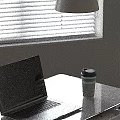 Modern Study Room Interior With White Desk Gray Chair Laptop Pendant Lamp And Window Blinds