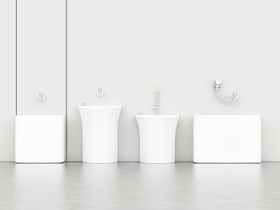 Modern Bathroom Design With White Sleek Fixtures Different Shapes Basins And Cabinets 3d model