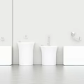 Modern Bathroom Design With White Sleek Fixtures Different Shapes Basins And Cabinets