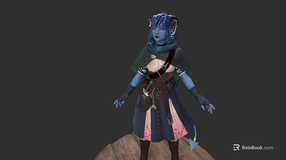 Game Fantasy Character Blue Skinned Horned With Cloak Leather Belt And Tail 3d model 