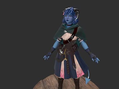 Game Fantasy Character Blue Skinned Horned With Cloak Leather Belt And Tail 3d model