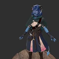 Game Fantasy Character Blue Skinned Horned With Cloak Leather Belt And Tail