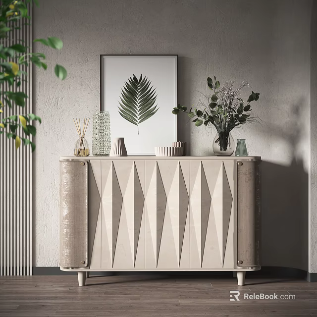 Entryway Side Cabinet with Geometric Design and Decorations Including Leaf Artwork and Green Plants 3d model 
