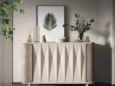 Entryway Side Cabinet with Geometric Design and Decorations Including Leaf Artwork and Green Plants 3d model