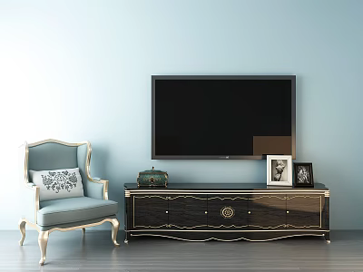 Elegant TV Cabinet With Black TV Blue Armchair And Light Blue Wall Decor 3d model