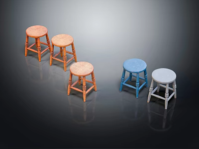 Five Different Colored Wooden Stools In Orange Light Brown Blue And White 3d model