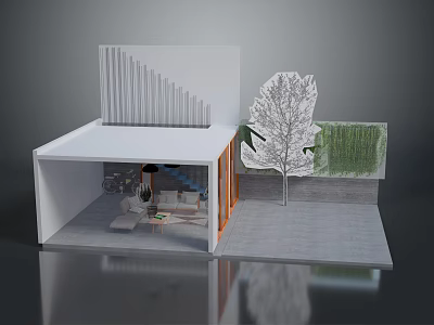Scenic Landscape with Modern Architecture White Structure Tree Green Plant Wall and Gray Outdoor Ground 3d model