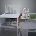 Scenic Landscape with Modern Architecture White Structure Tree Green Plant Wall and Gray Outdoor Ground