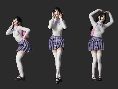 Woman In School Uniform With Purple Plaid Skirt White Top Pink Backpack And Different Poses 3d model