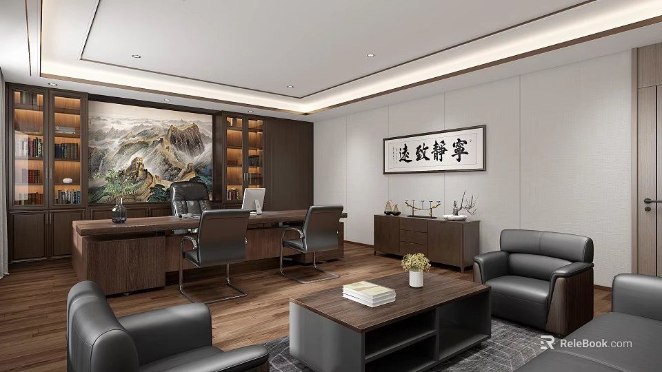 Modern Chinese Office Interior With Wooden Desk Calligraphy Art And Leather Sofa 3d model 