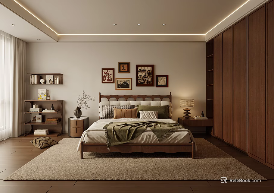 Cozy Natural Bedroom Interior With Wooden Bed Decorative Paintings Nightstands Table Lamp Wardrobe And Bookshelf 3d model 