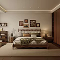 Cozy Natural Bedroom Interior With Wooden Bed Decorative Paintings Nightstands Table Lamp Wardrobe And Bookshelf