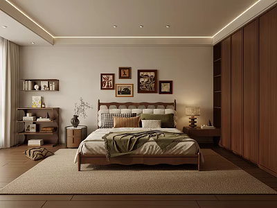 Cozy Natural Bedroom Interior With Wooden Bed Decorative Paintings Nightstands Table Lamp Wardrobe And Bookshelf 3d model